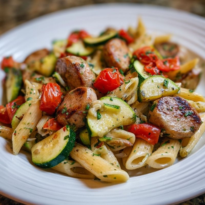 Wholesome Chicken Sausages With Zucchini, Tomatoes, And Pasta