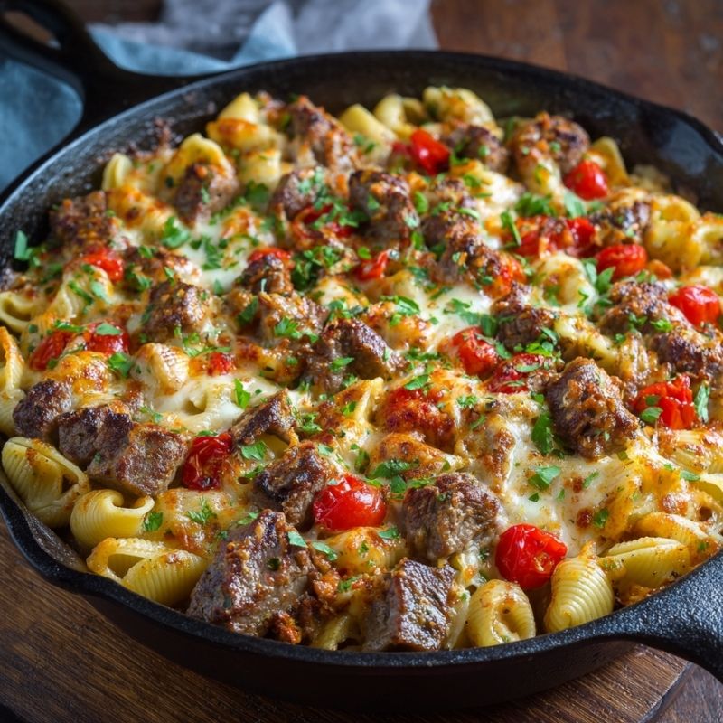Indulgent Cajun Steak Bites And Cheesy Garlic Shells Skillet