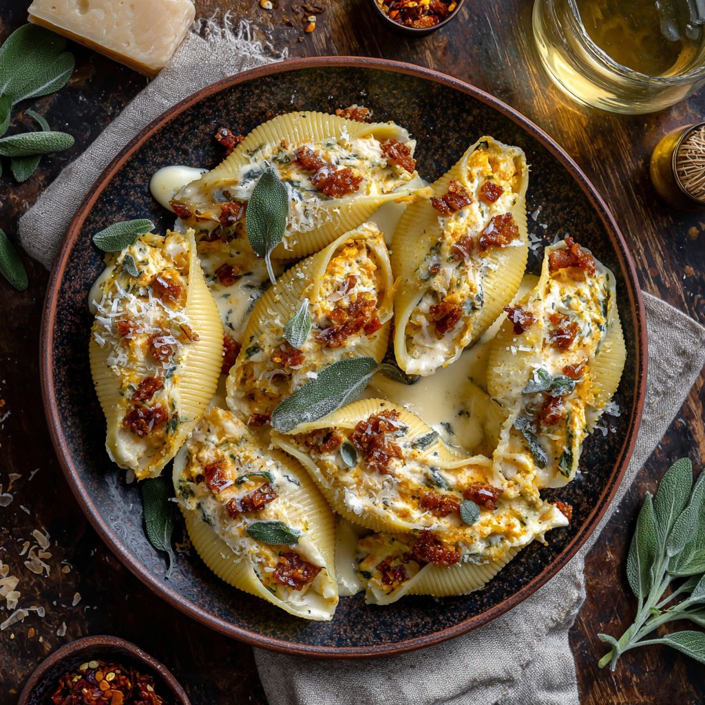Velvety Pumpkin Gouda Stuffed Shells With Alfredo Sauce